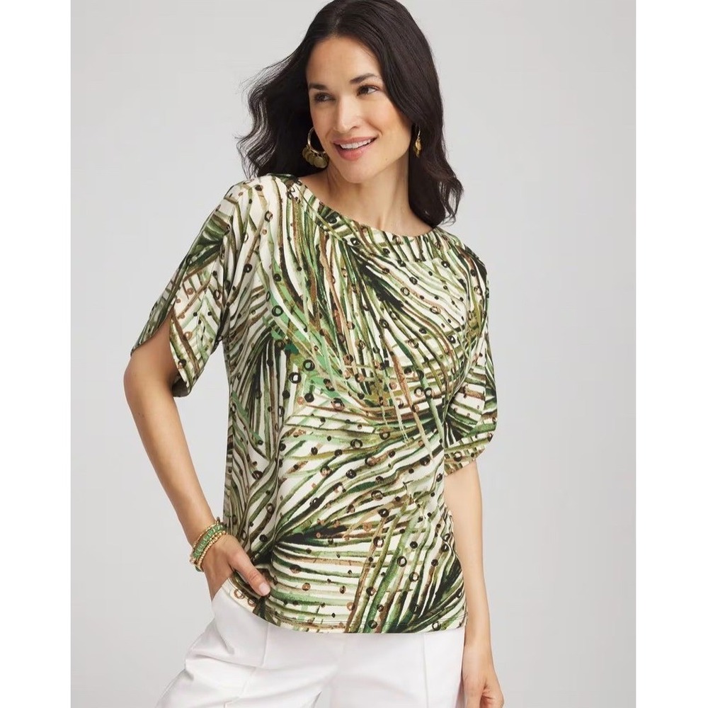 Chicos Palm Frond Motif Jersey Dolman Top Green Tropical Print Tee Sz2 Botanical